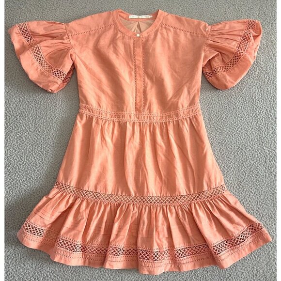 MARIE OLIVER Silk Blend Dress Eyelet Puff Sleeve Peach Pink - Picture 1 of 16